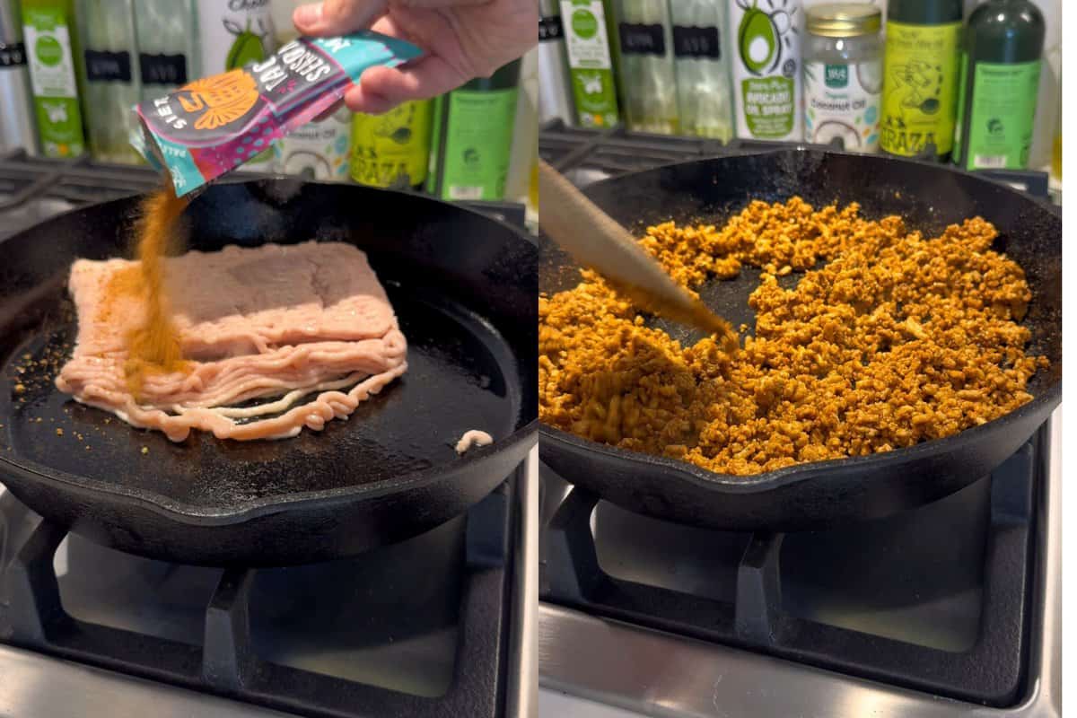 this is step 1-2 featuring the left half of the image with me pouring taco seasoning onto the ground chicken and then on the right side is my ground cooked chicken. 