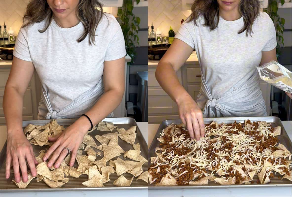 this is step 3 which shows me laying out the tortilla chips on the left and then adding my taco seasoned chicken and mozzarella on the right side. 