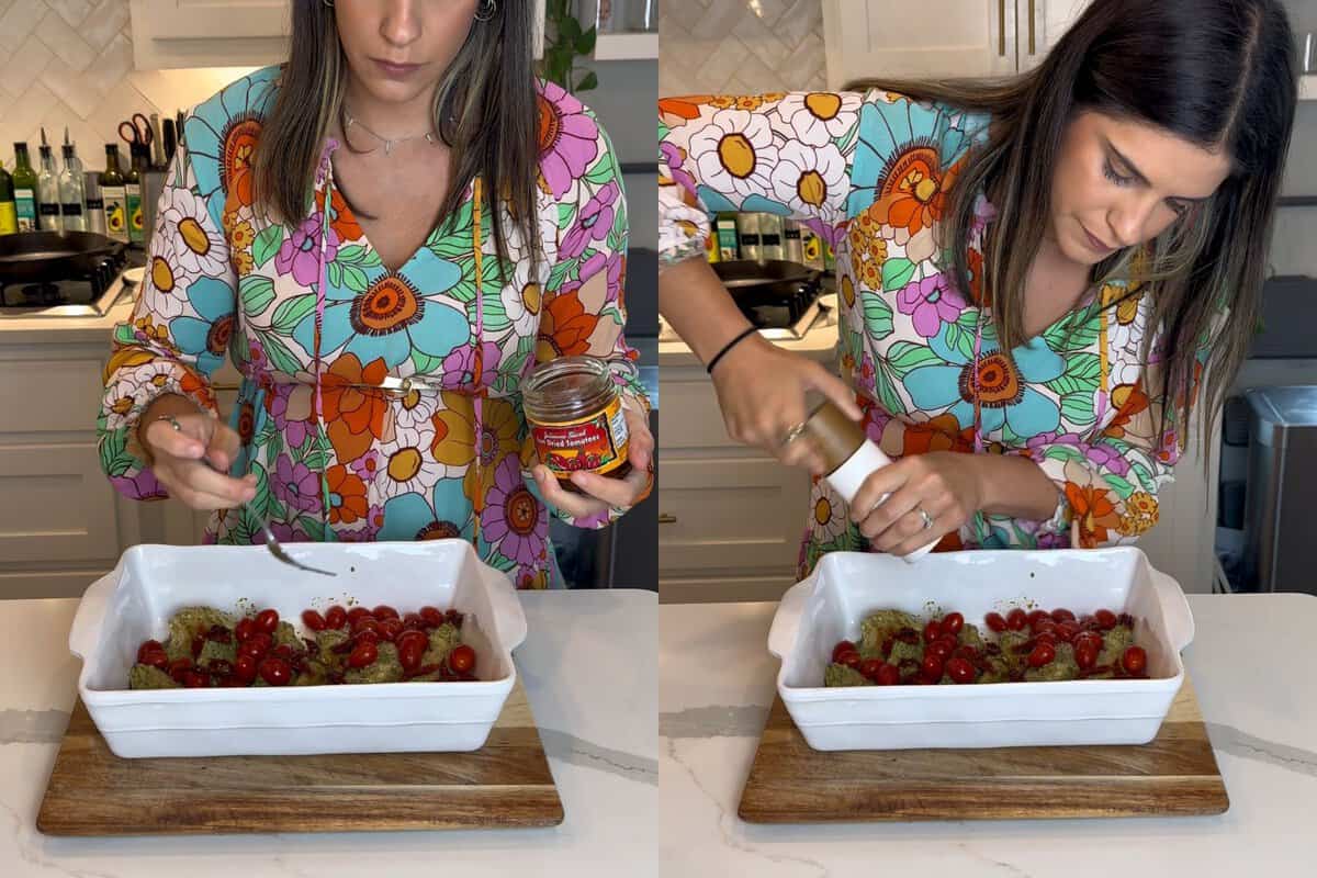 this shows me adding the sun-dried tomatoes or roasted peppers into the ceramic dish on top of the chicken and the seasoning with salt and pepper to taste. 
