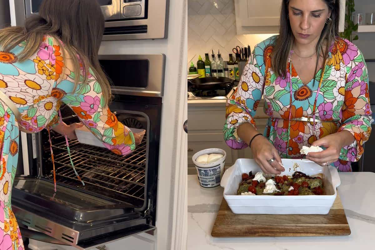 this shows me adding the ceramic dish into the oven and then adding burrata when it's done cooking on top in an even layer. 