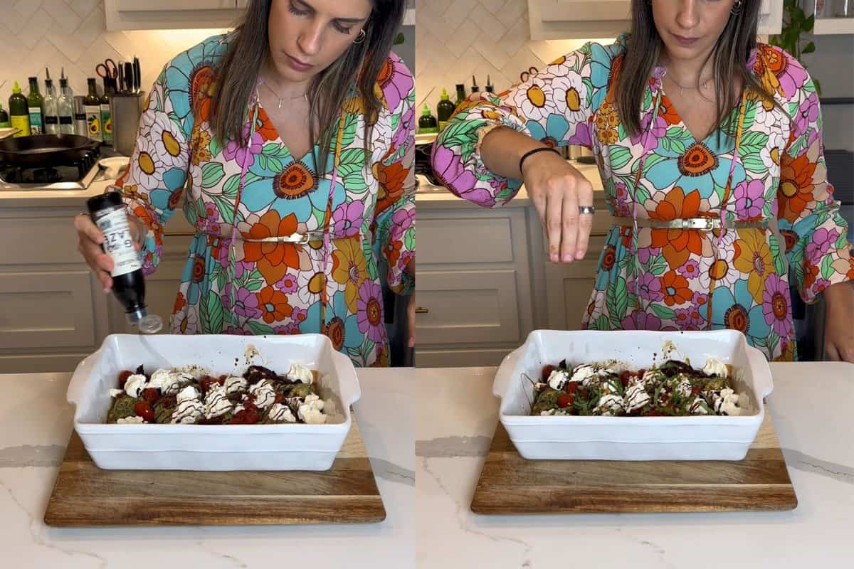 this shows me adding the balsamic glaze in an even drizzle on top of the chicken and burrata and then adding freshly shredded basil and toasted pien nuts on top. 