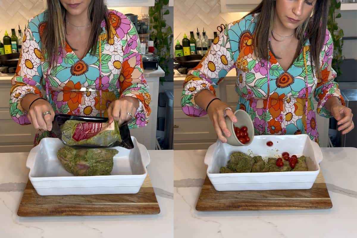 this shows me adding the trader joe's pesto chicken to a ceramic baking dish along with some baby tomatoes. 