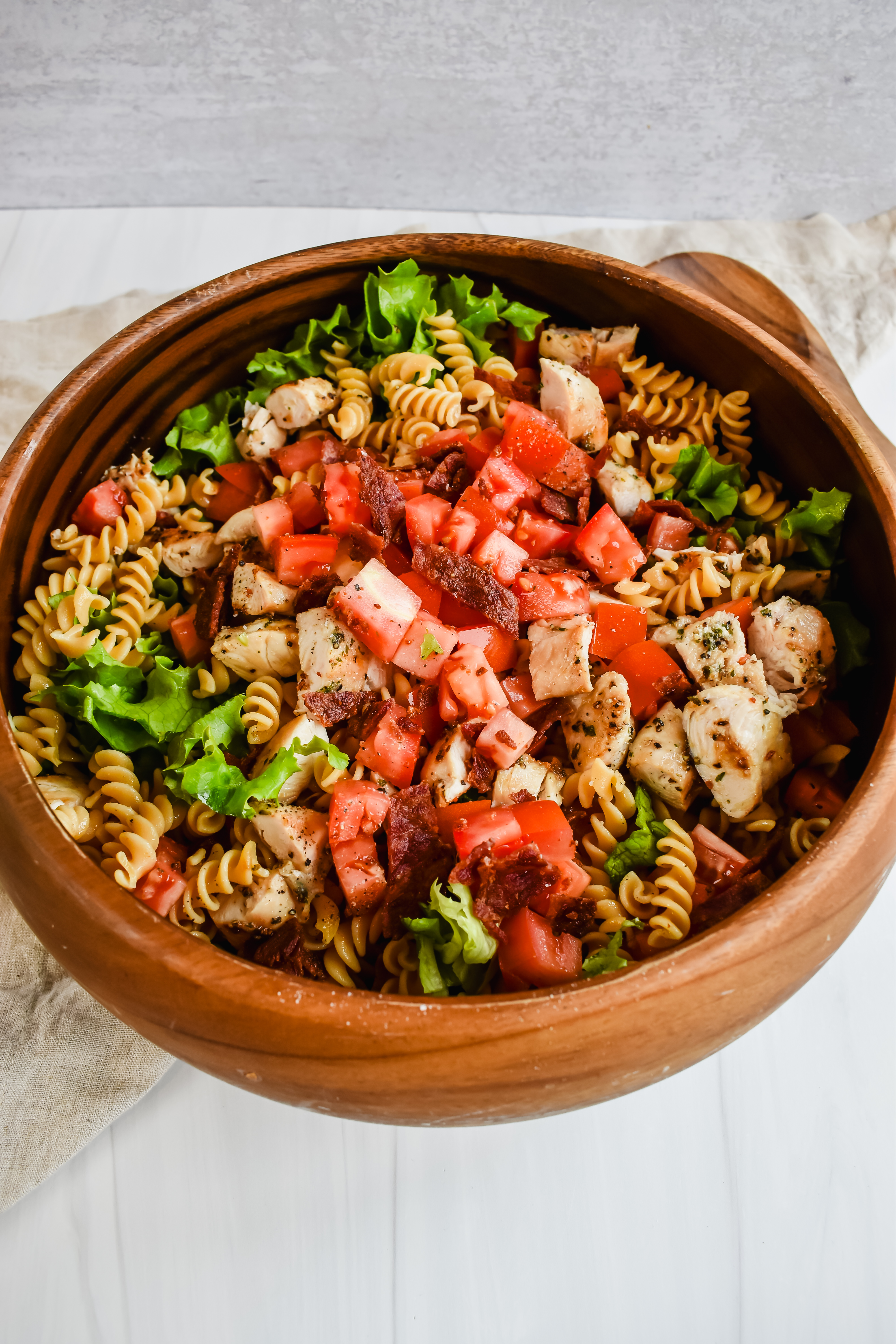 this is an overhead shot of my blt chicken pasta salad before the dressing was added. 