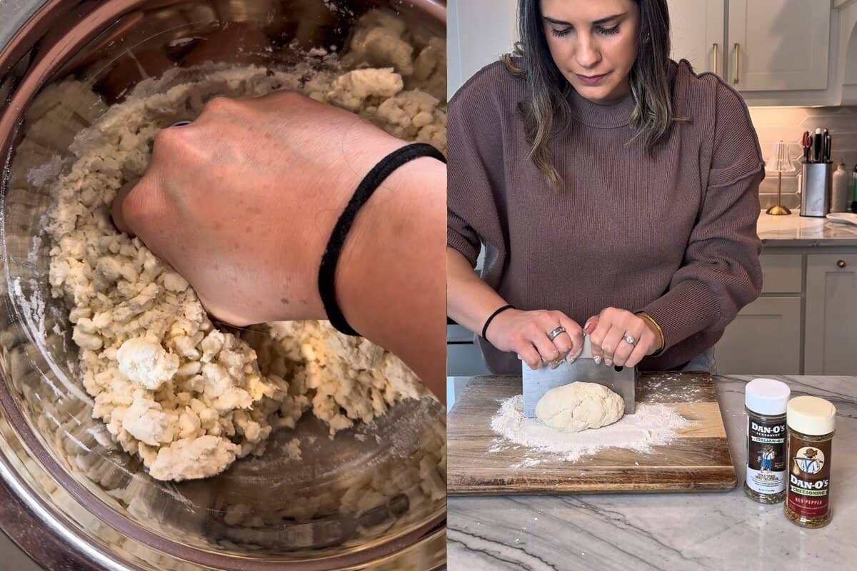 this shows me kneading the dough and then using a kitchen scraper to cut it apart.