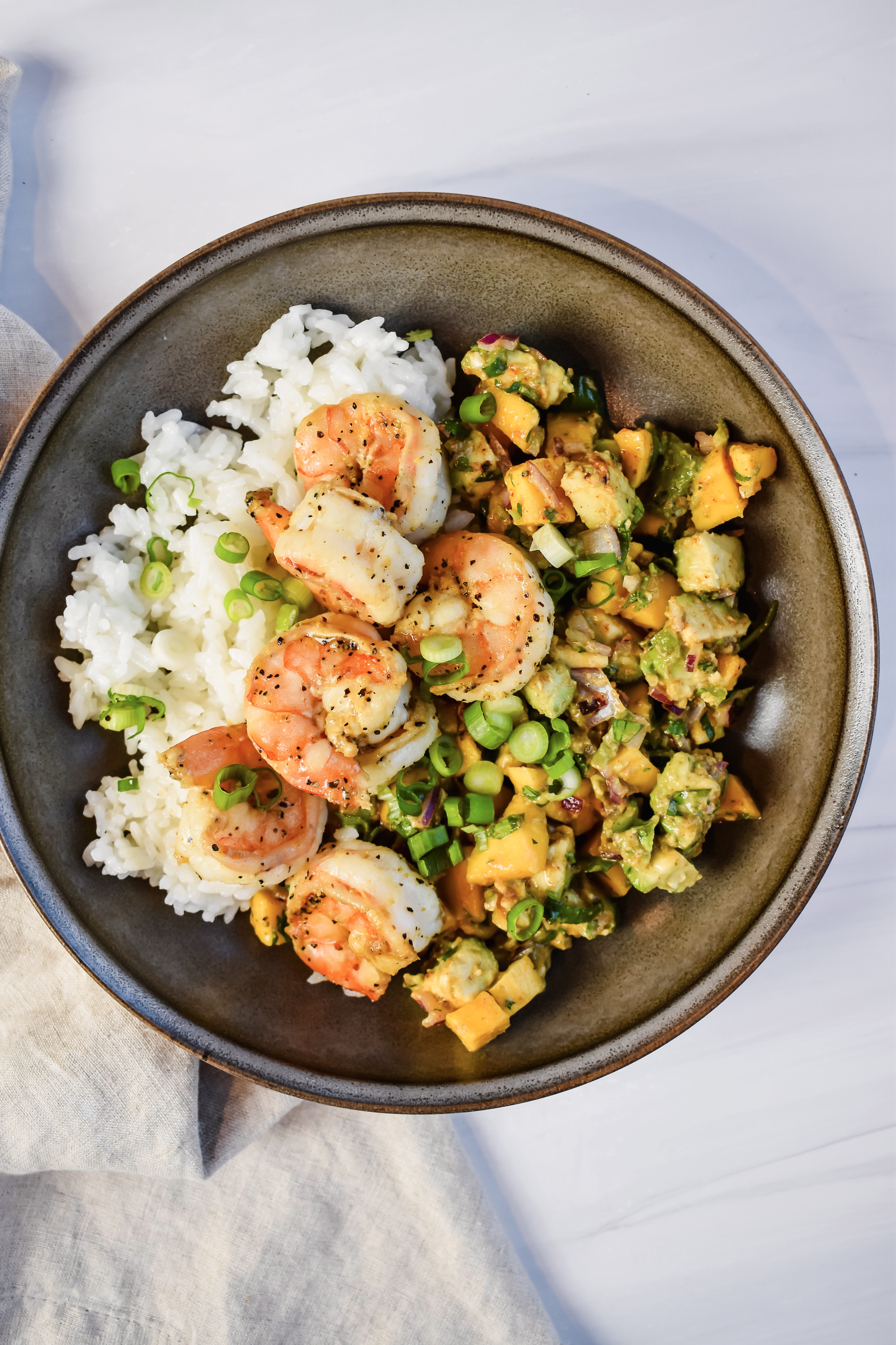 this is an overhead view of my 30 minute shrimp rice bowls recipe