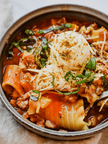 side view close up of my easy turkey lasagna soup