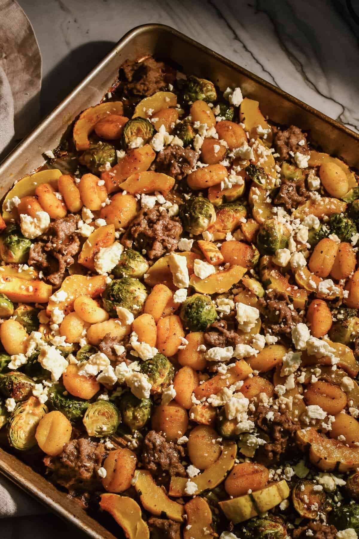 this is a top view of my easy and cozy fall sheet pan dinner 