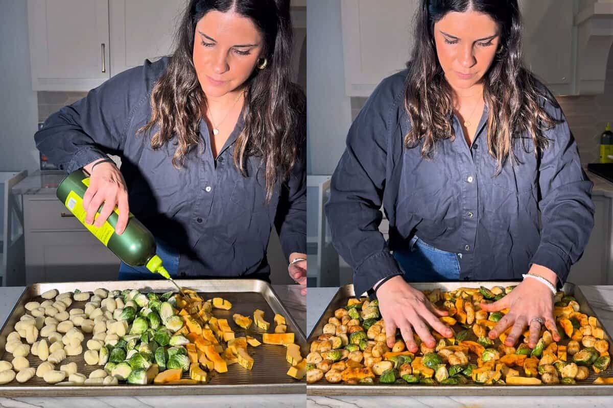 this shows me adding the veggies to the xl sheet pan and then drizzling with oil and seasoning. 