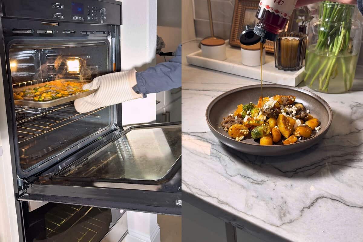 this shows me baking the meal then serving into a plate and topping with the feta and hot honey 