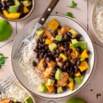 Honey lime chicken bowls with rice and mango salsa.
